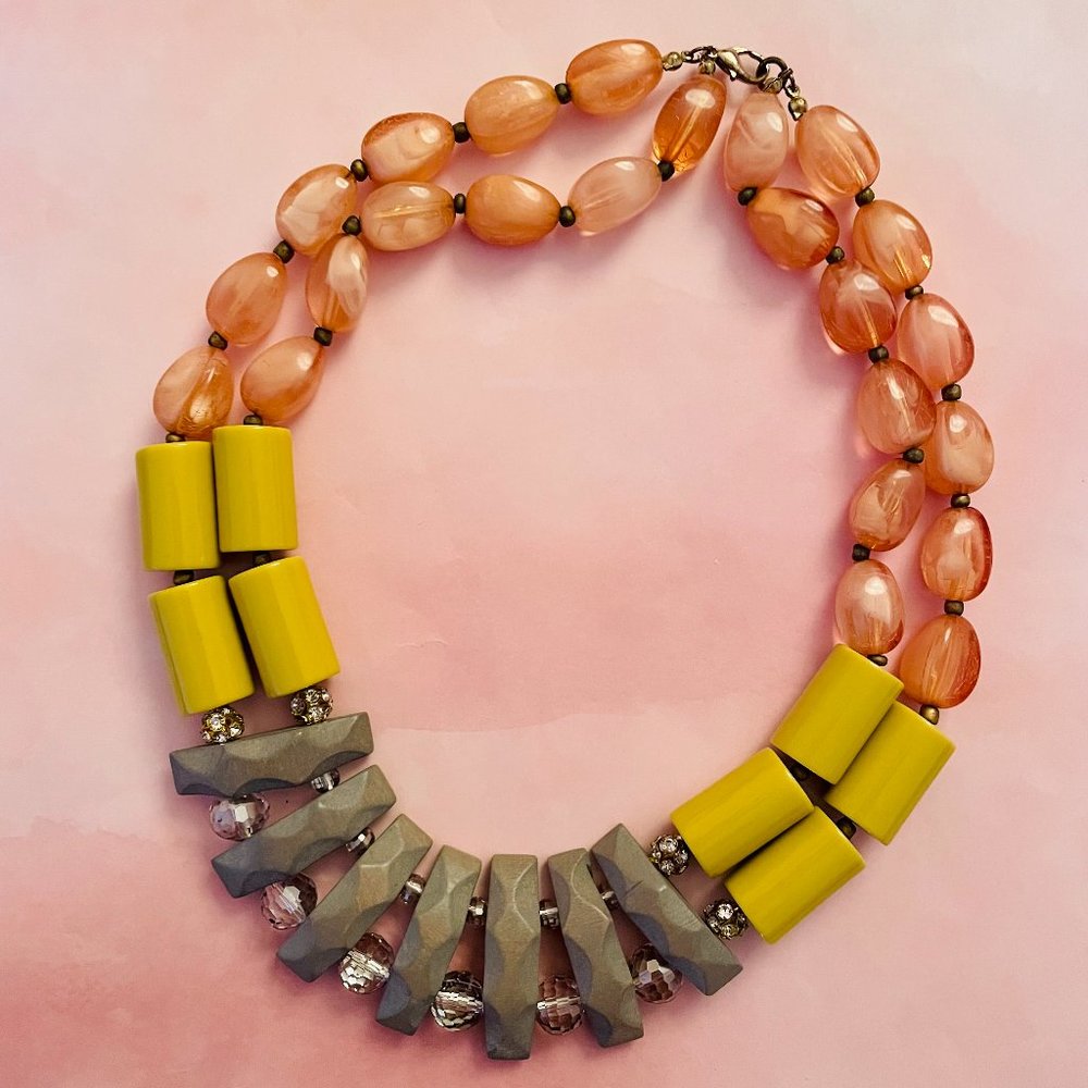 Anthropologie Blush Yellow Grey Crystal Stone Retro Chunky Statement Necklace